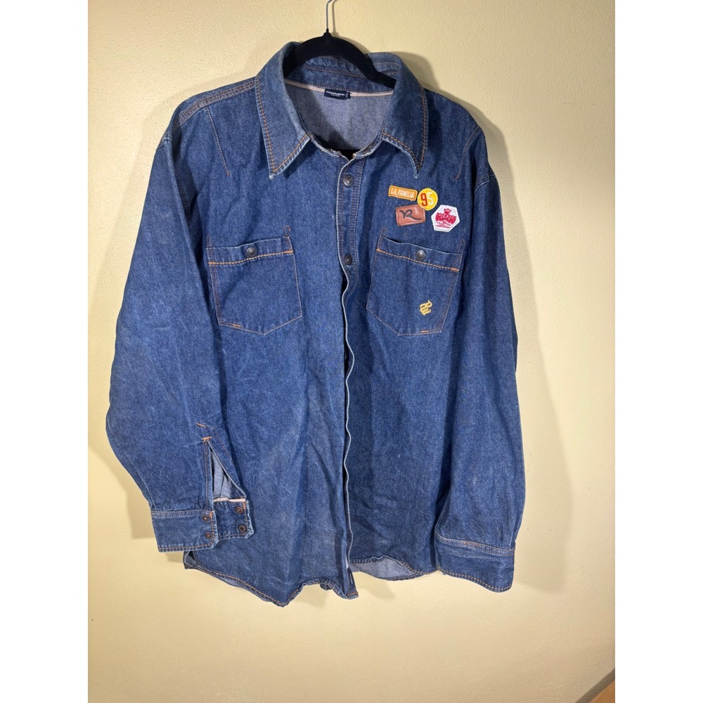 Rocawear Denim Co Mens 2XL Blue Jean Shirt Back Embroidery Patches Streetwear